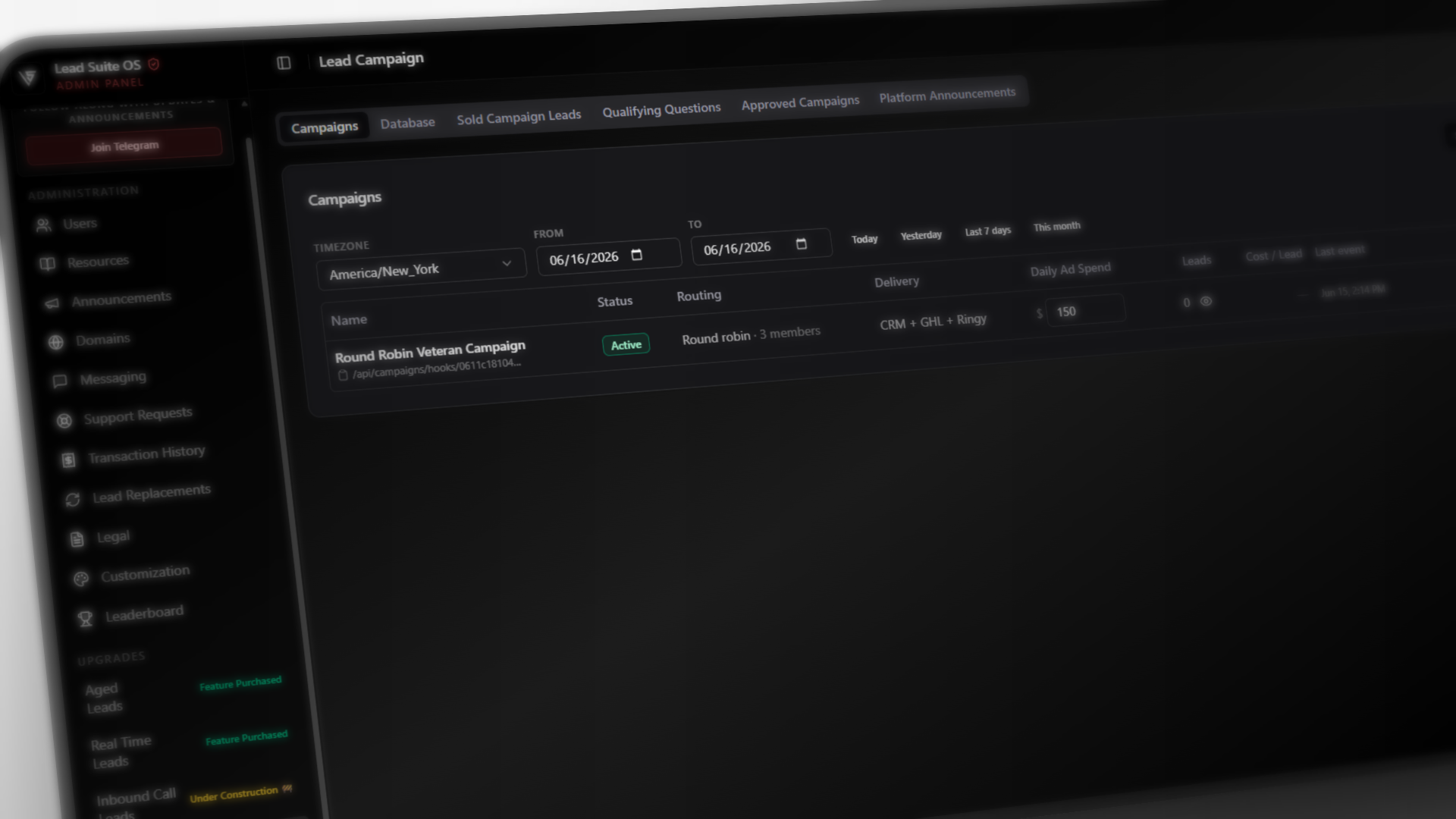Lead Campaigns admin dashboard
